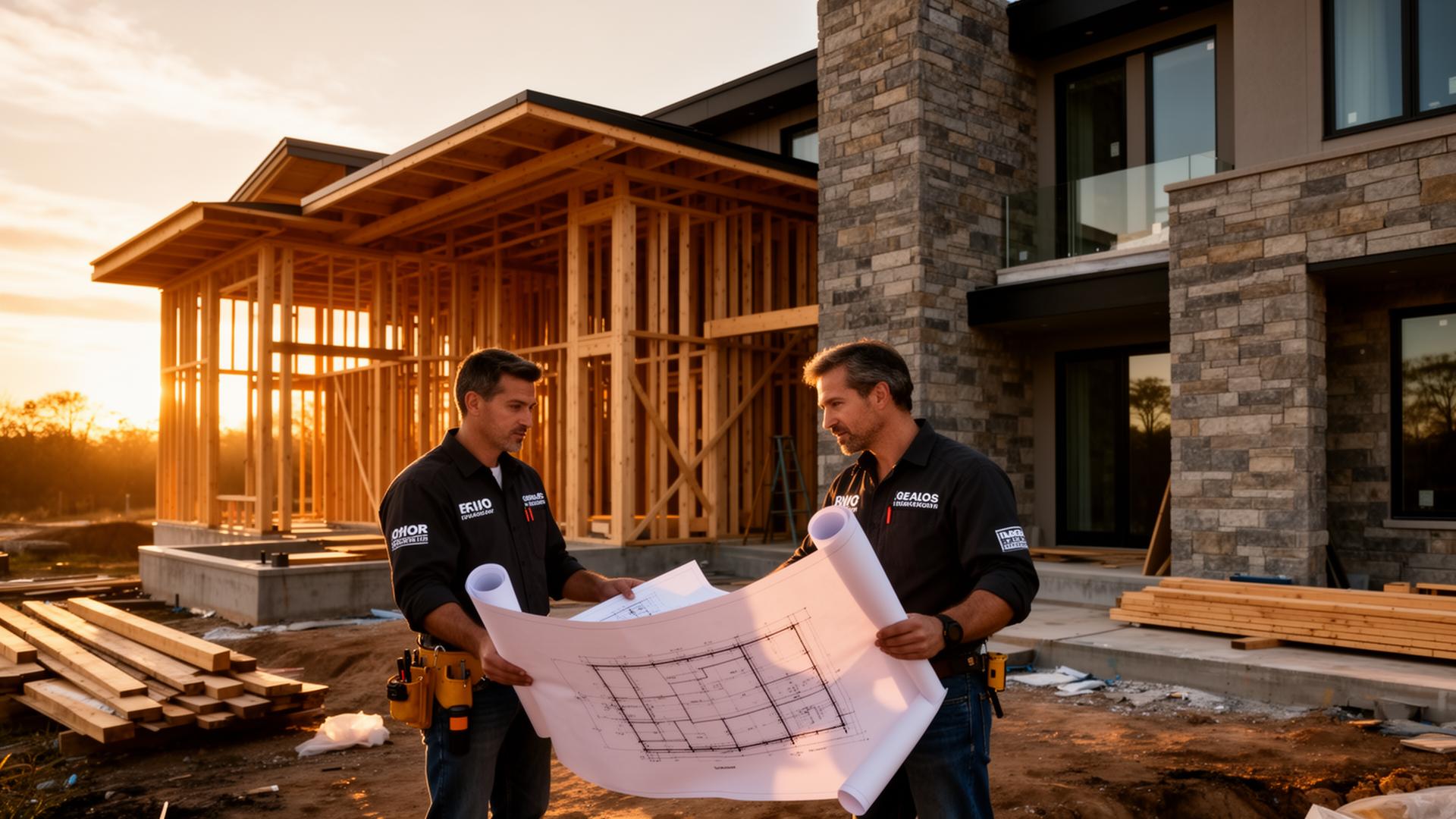Luxury home under construction at golden hour